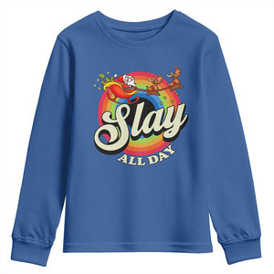Funny Christmas LGBT Youth Sweatshirt Slay All Day Sleigh Rainbow TS09 Royal Blue Print Your Wear