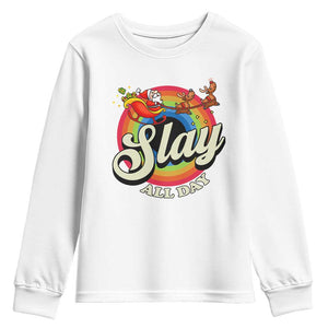 Funny Christmas LGBT Youth Sweatshirt Slay All Day Sleigh Rainbow TS09 White Print Your Wear