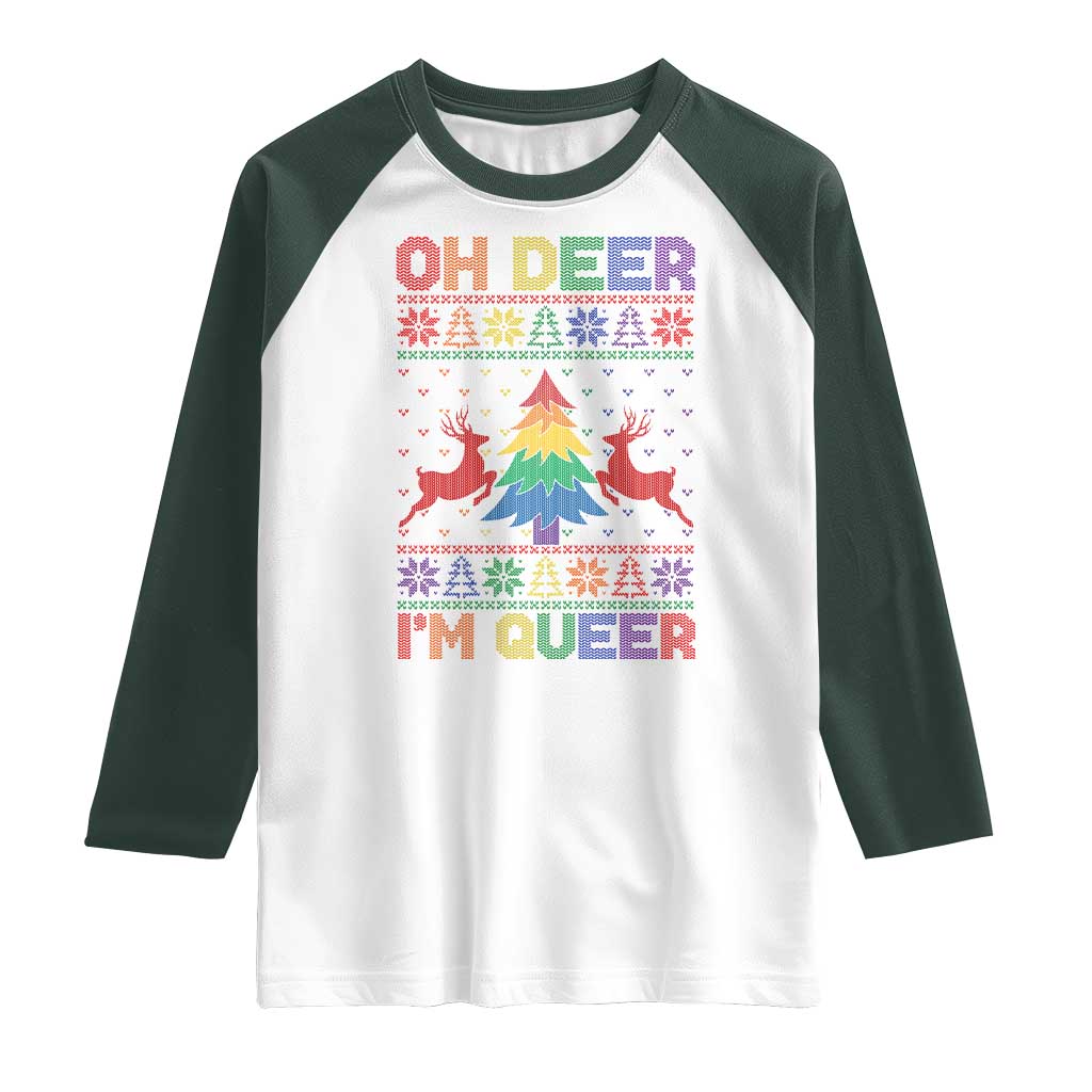 Funny Christmas LGBT Raglan Shirt Oh Deer Im Queer TS09 White Dark Forest Green Print Your Wear