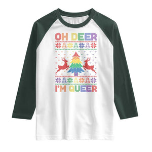 Funny Christmas LGBT Raglan Shirt Oh Deer Im Queer TS09 White Dark Forest Green Print Your Wear