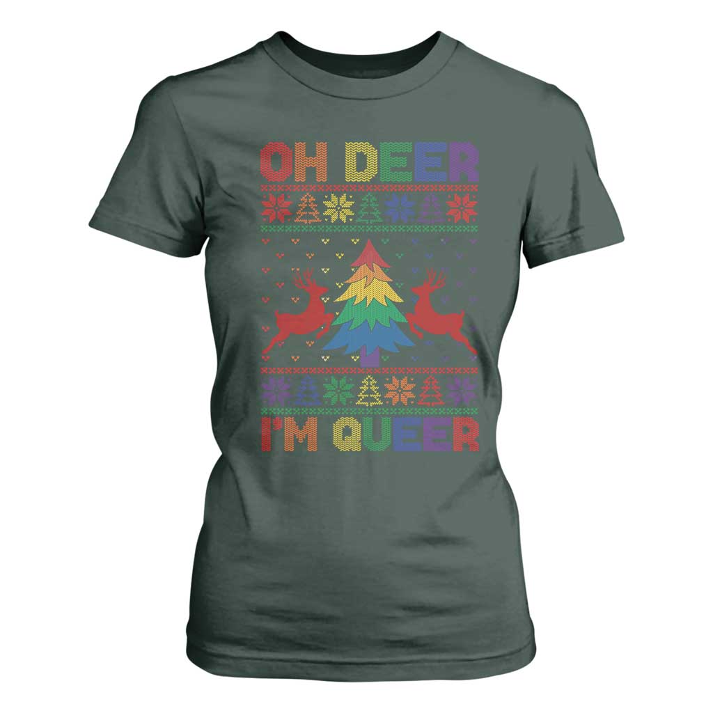 Funny Christmas LGBT T Shirt For Women Oh Deer Im Queer TS09 Dark Forest Green Print Your Wear