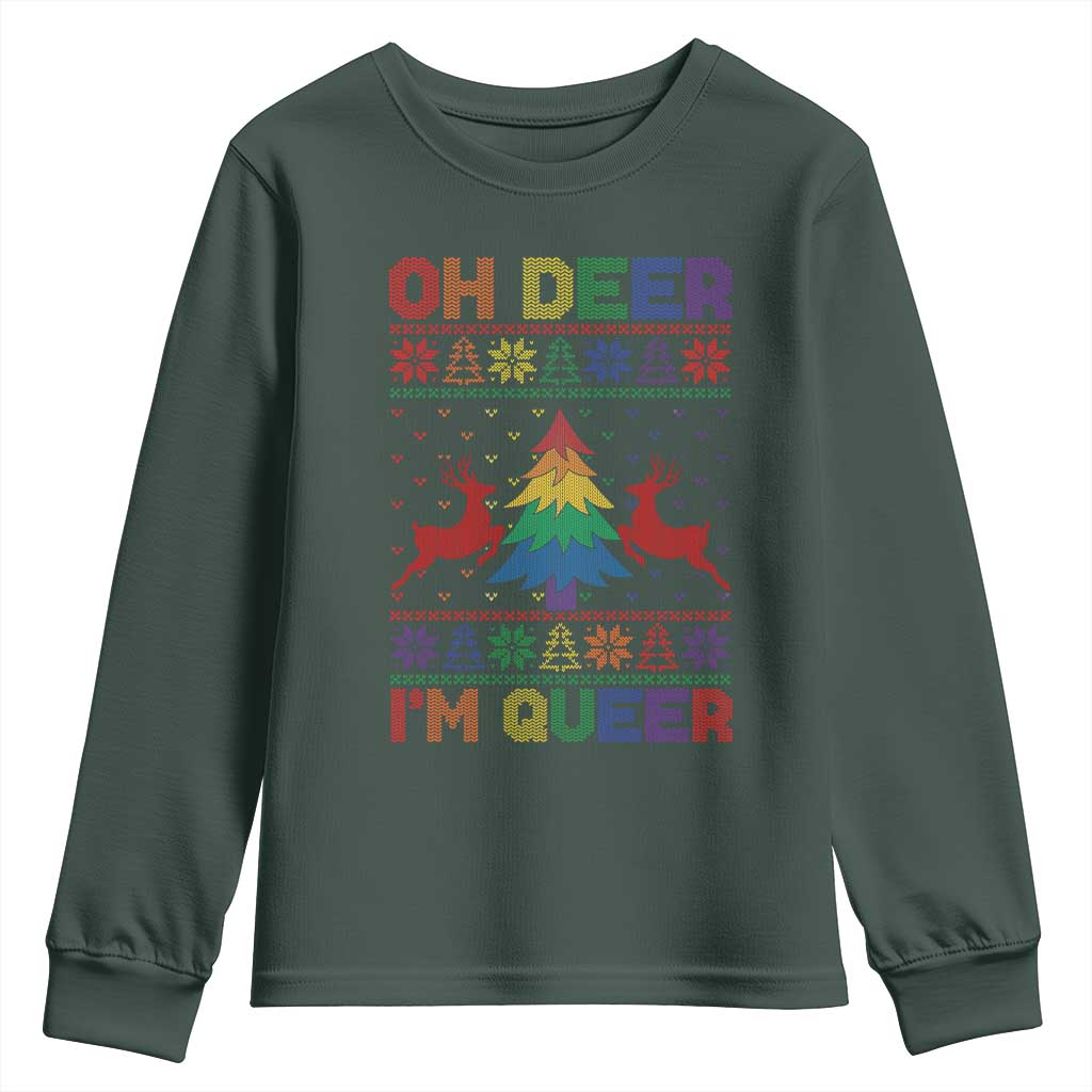 Funny Christmas LGBT Youth Sweatshirt Oh Deer Im Queer TS09 Dark Forest Green Print Your Wear