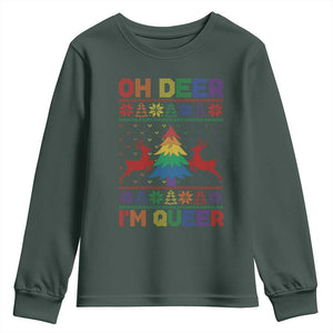 Funny Christmas LGBT Youth Sweatshirt Oh Deer Im Queer TS09 Dark Forest Green Print Your Wear
