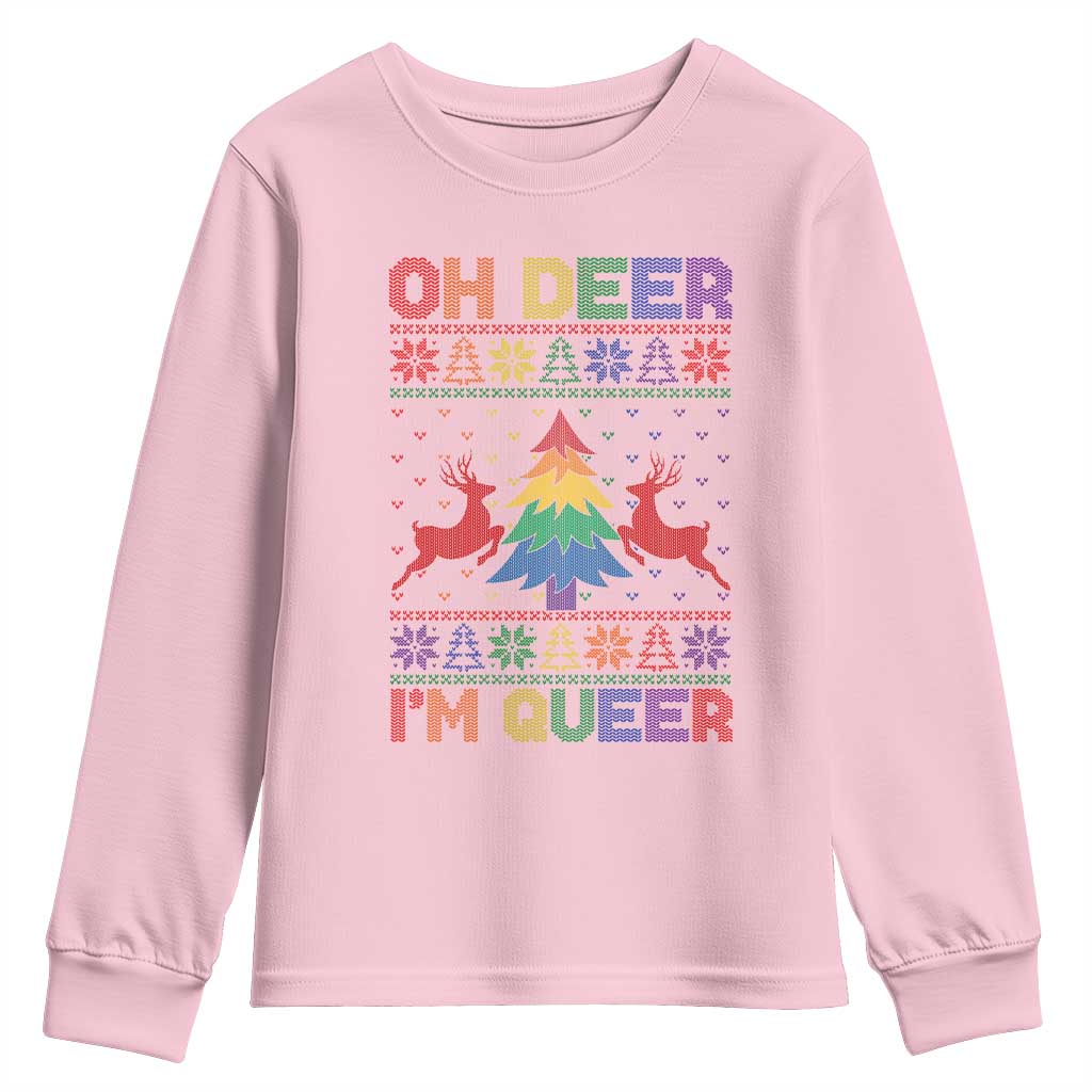 Funny Christmas LGBT Youth Sweatshirt Oh Deer Im Queer TS09 Light Pink Print Your Wear