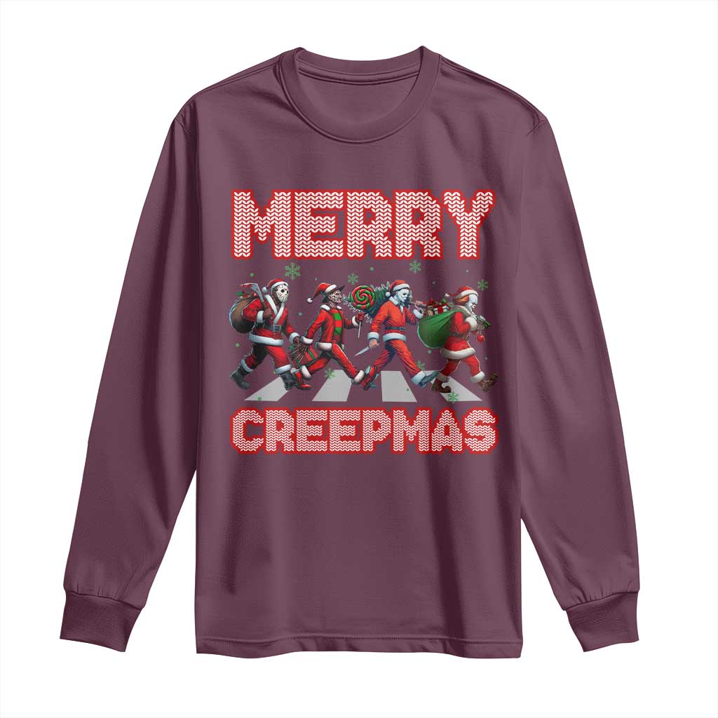 Horror Christmas Long Sleeve Shirt Merry Creepmas Horror Characters TS09 Maroon Print Your Wear