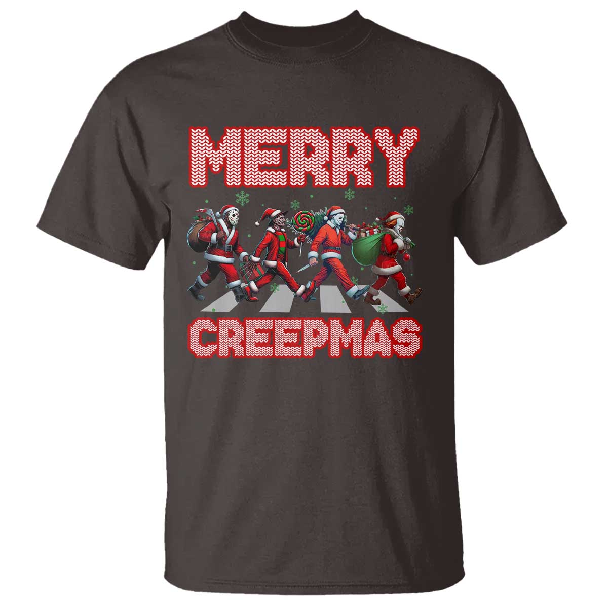 Horror Christmas T Shirt Merry Creepmas Horror Characters TS09 Dark Chocolate Print Your Wear