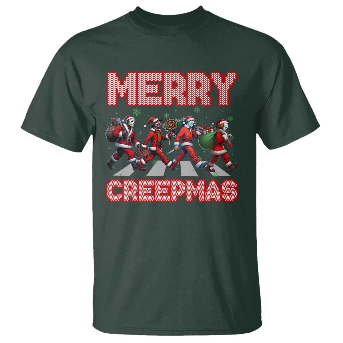 Horror Christmas T Shirt Merry Creepmas Horror Characters TS09 Dark Forest Green Print Your Wear