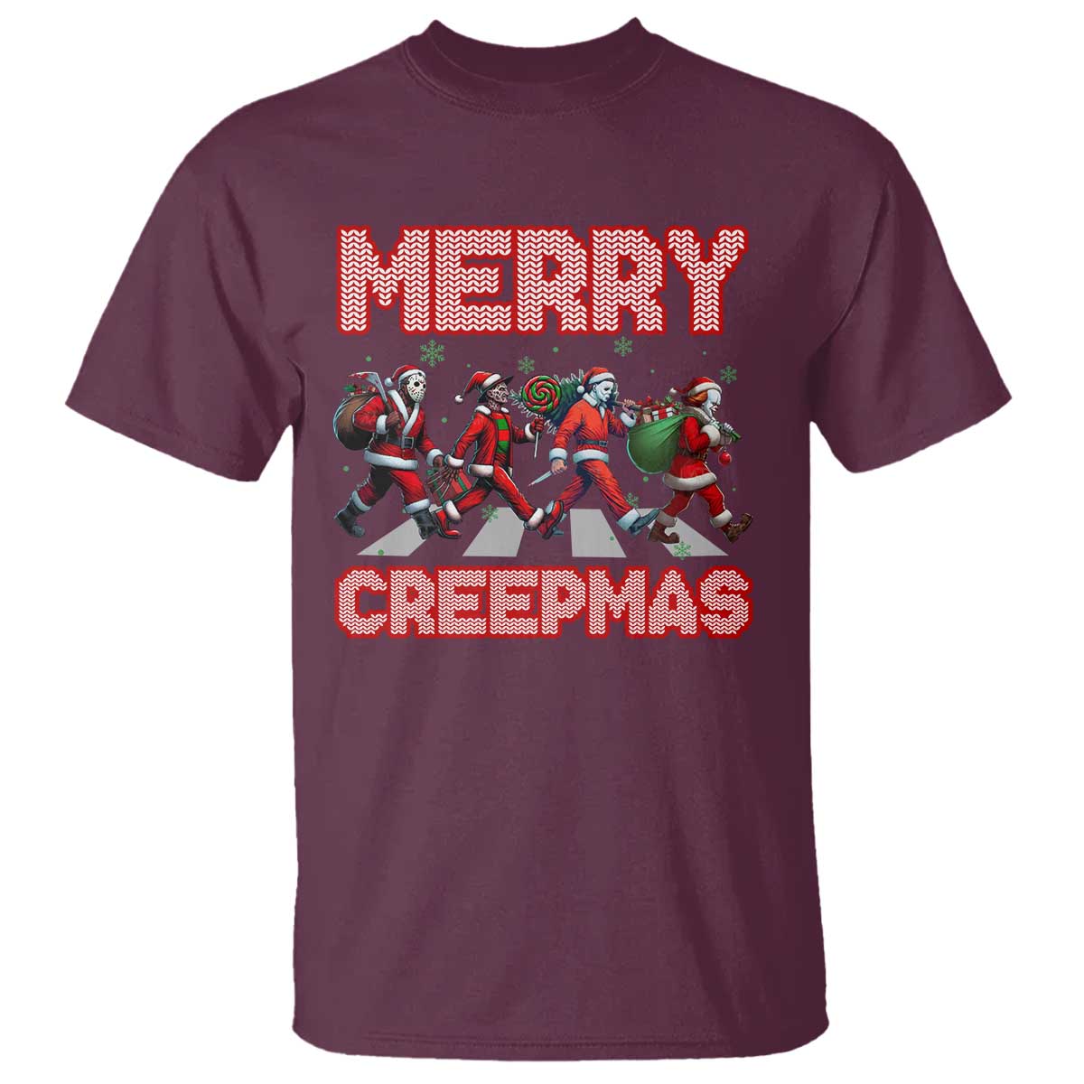 Horror Christmas T Shirt Merry Creepmas Horror Characters TS09 Maroon Print Your Wear