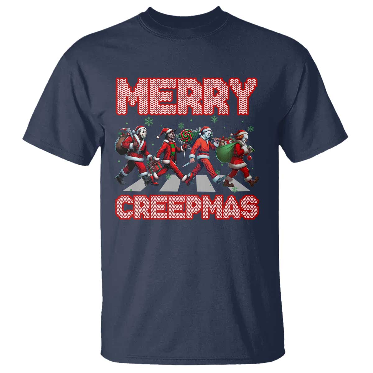 Horror Christmas T Shirt Merry Creepmas Horror Characters TS09 Navy Print Your Wear