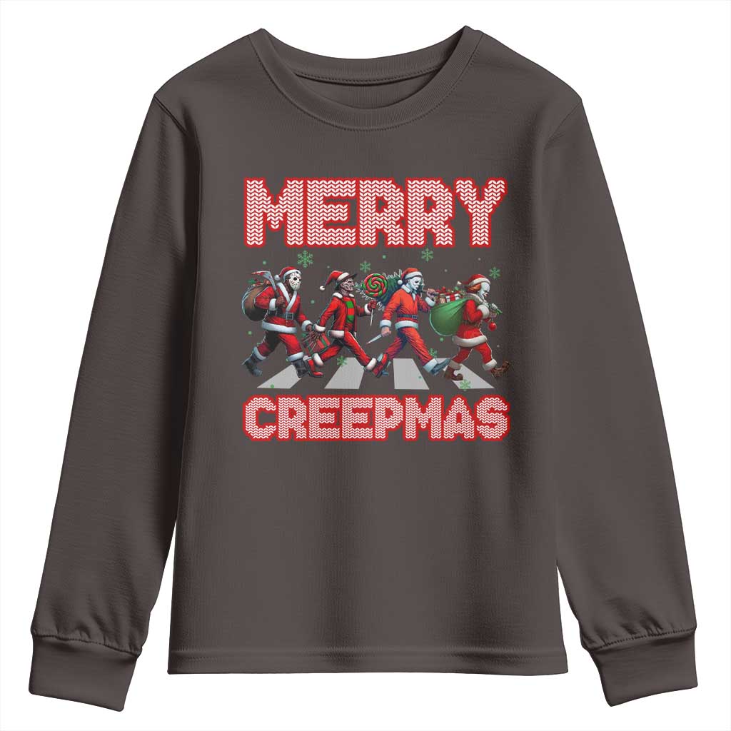 Horror Christmas Youth Sweatshirt Merry Creepmas Horror Characters TS09 Dark Chocolate Print Your Wear