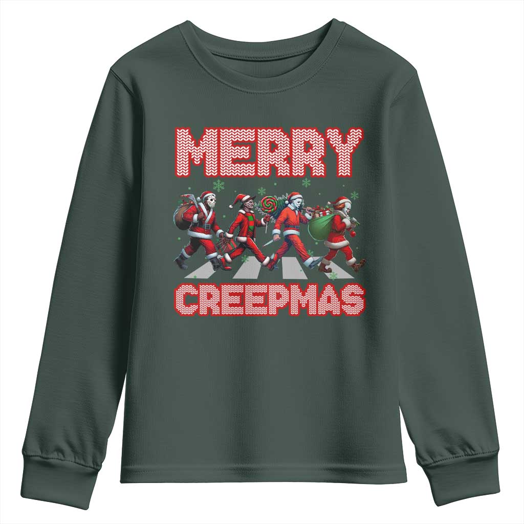 Horror Christmas Youth Sweatshirt Merry Creepmas Horror Characters TS09 Dark Forest Green Print Your Wear