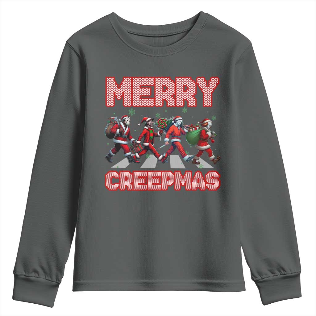 Horror Christmas Youth Sweatshirt Merry Creepmas Horror Characters TS09 Dark Heather Print Your Wear