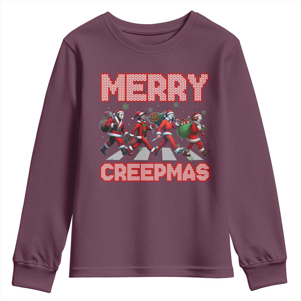 Horror Christmas Youth Sweatshirt Merry Creepmas Horror Characters TS09 Maroon Print Your Wear