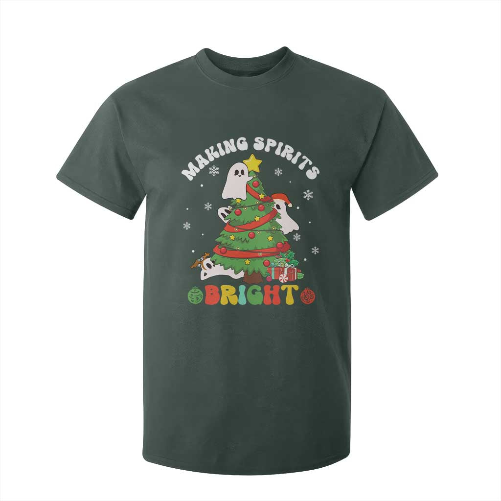 Gothic Xmas T Shirt For Kid Making Spirits Bright Cute Ghost Christmas Tree TS09 Dark Forest Green Print Your Wear