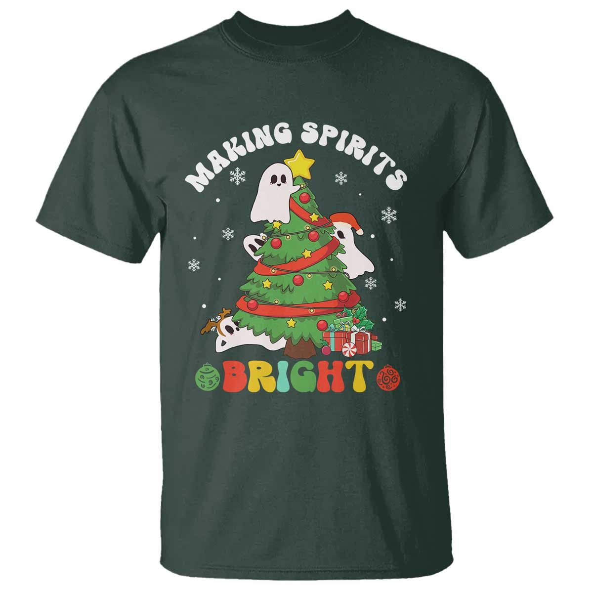 Gothic Xmas T Shirt Making Spirits Bright Cute Ghost Christmas Tree TS09 Dark Forest Green Print Your Wear