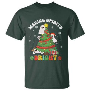 Gothic Xmas T Shirt Making Spirits Bright Cute Ghost Christmas Tree TS09 Dark Forest Green Print Your Wear