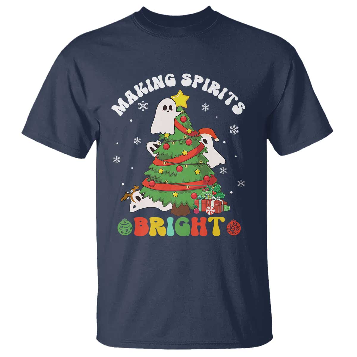 Gothic Xmas T Shirt Making Spirits Bright Cute Ghost Christmas Tree TS09 Navy Print Your Wear