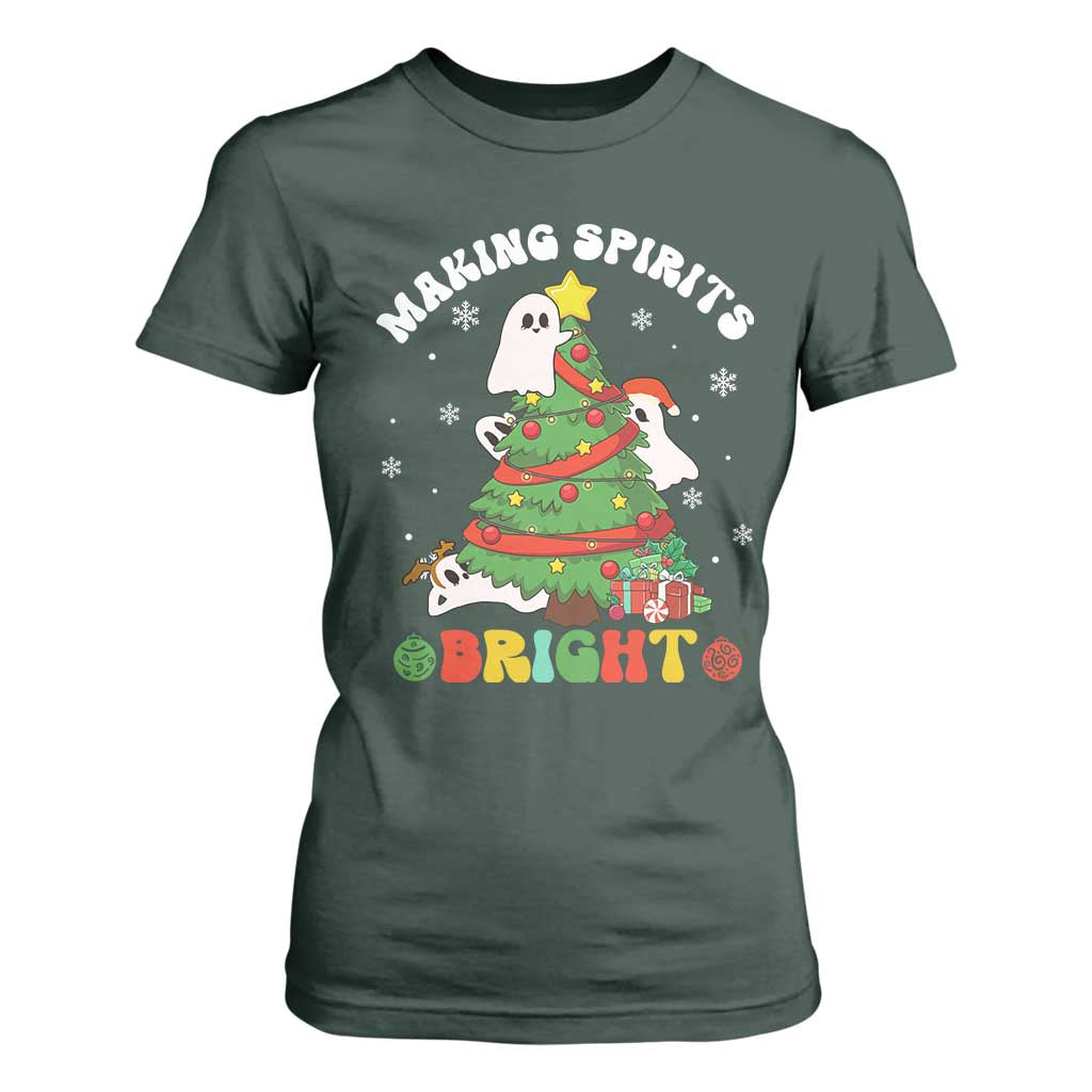 Gothic Xmas T Shirt For Women Making Spirits Bright Cute Ghost Christmas Tree TS09 Dark Forest Green Print Your Wear