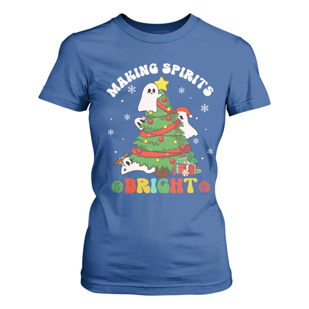 Gothic Xmas T Shirt For Women Making Spirits Bright Cute Ghost Christmas Tree TS09 Royal Blue Print Your Wear