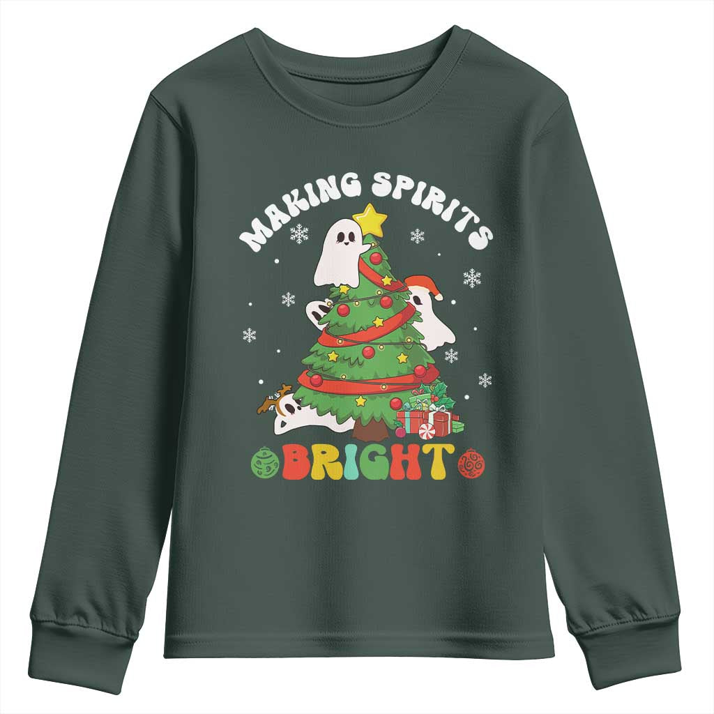 Gothic Xmas Youth Sweatshirt Making Spirits Bright Cute Ghost Christmas Tree TS09 Dark Forest Green Print Your Wear