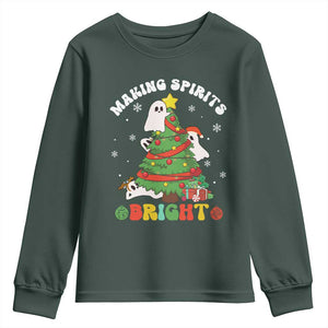 Gothic Xmas Youth Sweatshirt Making Spirits Bright Cute Ghost Christmas Tree TS09 Dark Forest Green Print Your Wear
