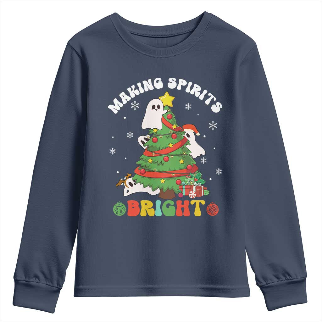 Gothic Xmas Youth Sweatshirt Making Spirits Bright Cute Ghost Christmas Tree TS09 Navy Print Your Wear