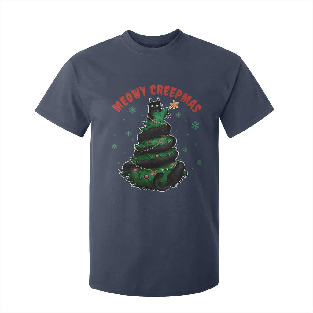Gothic Xmas T Shirt For Kid Meowy Creepmas Cat Christmas Tree TS09 Navy Print Your Wear