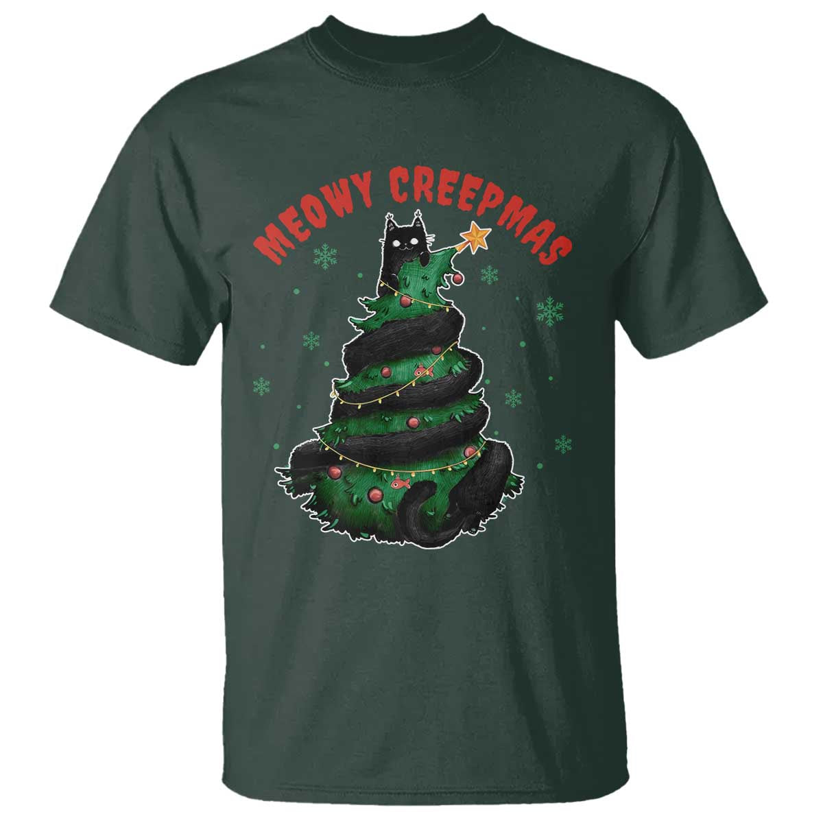 Gothic Xmas T Shirt Meowy Creepmas Cat Christmas Tree TS09 Dark Forest Green Print Your Wear