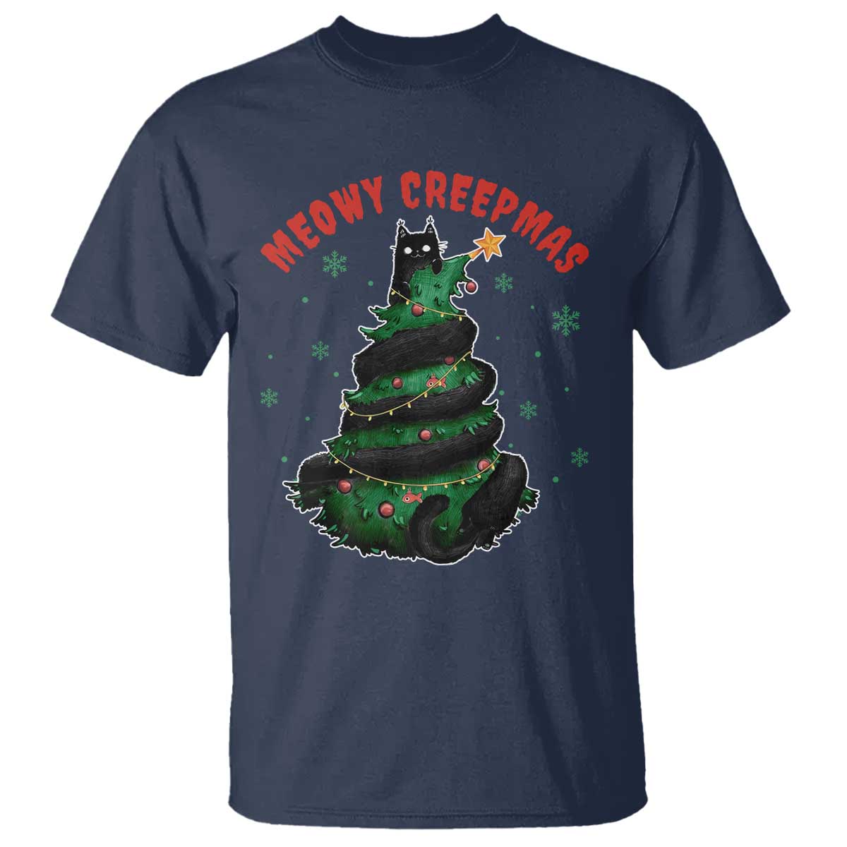 Gothic Xmas T Shirt Meowy Creepmas Cat Christmas Tree TS09 Navy Print Your Wear
