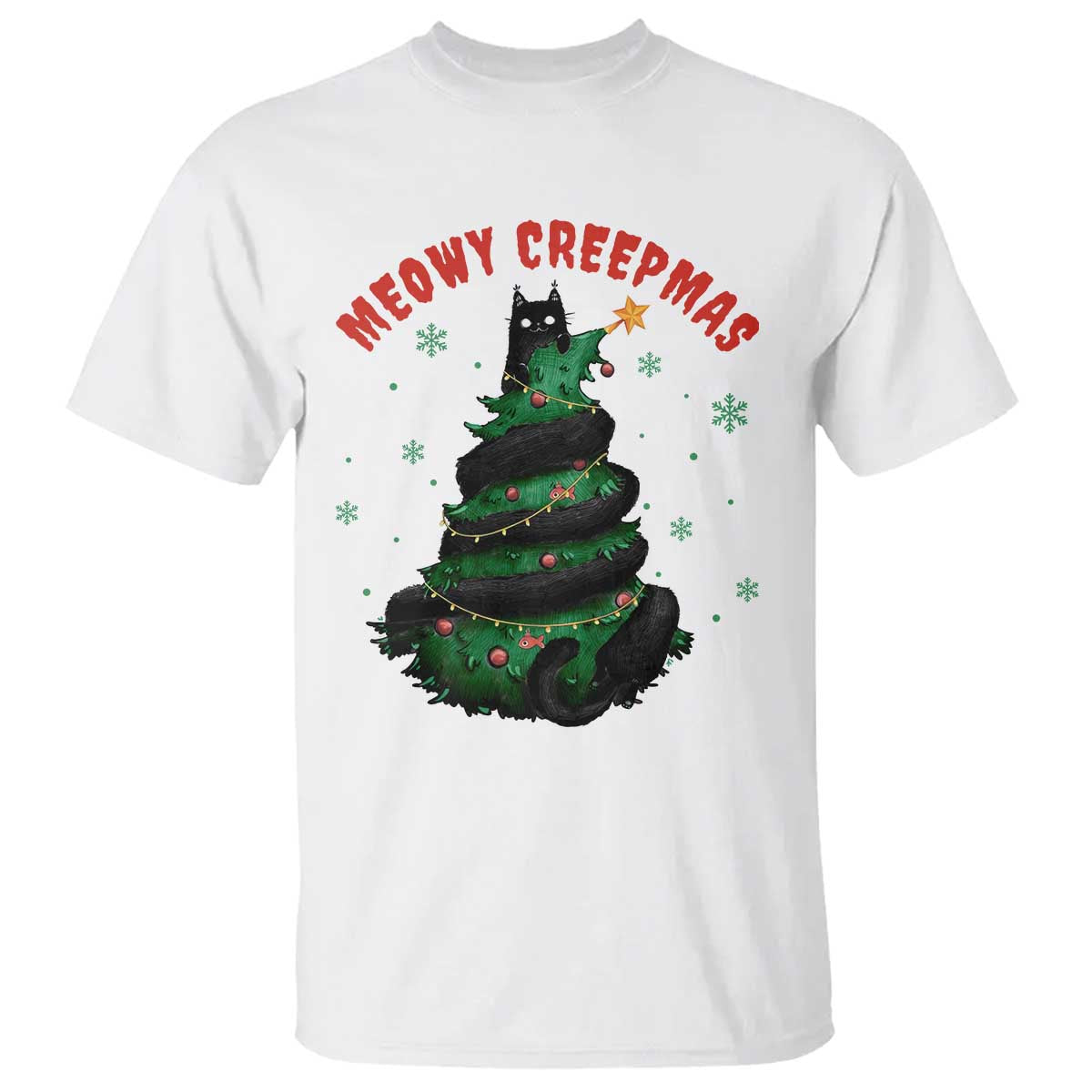 Gothic Xmas T Shirt Meowy Creepmas Cat Christmas Tree TS09 White Print Your Wear