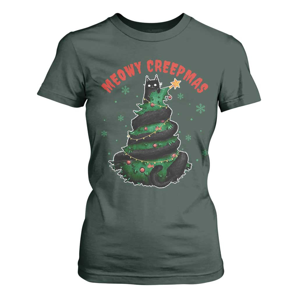 Gothic Xmas T Shirt For Women Meowy Creepmas Cat Christmas Tree TS09 Dark Forest Green Print Your Wear