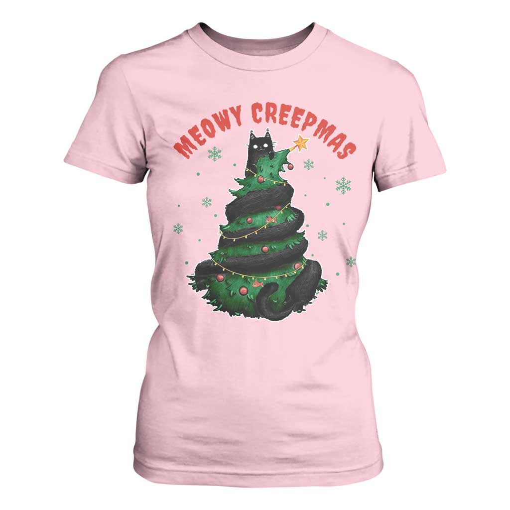 Gothic Xmas T Shirt For Women Meowy Creepmas Cat Christmas Tree TS09 Light Pink Print Your Wear