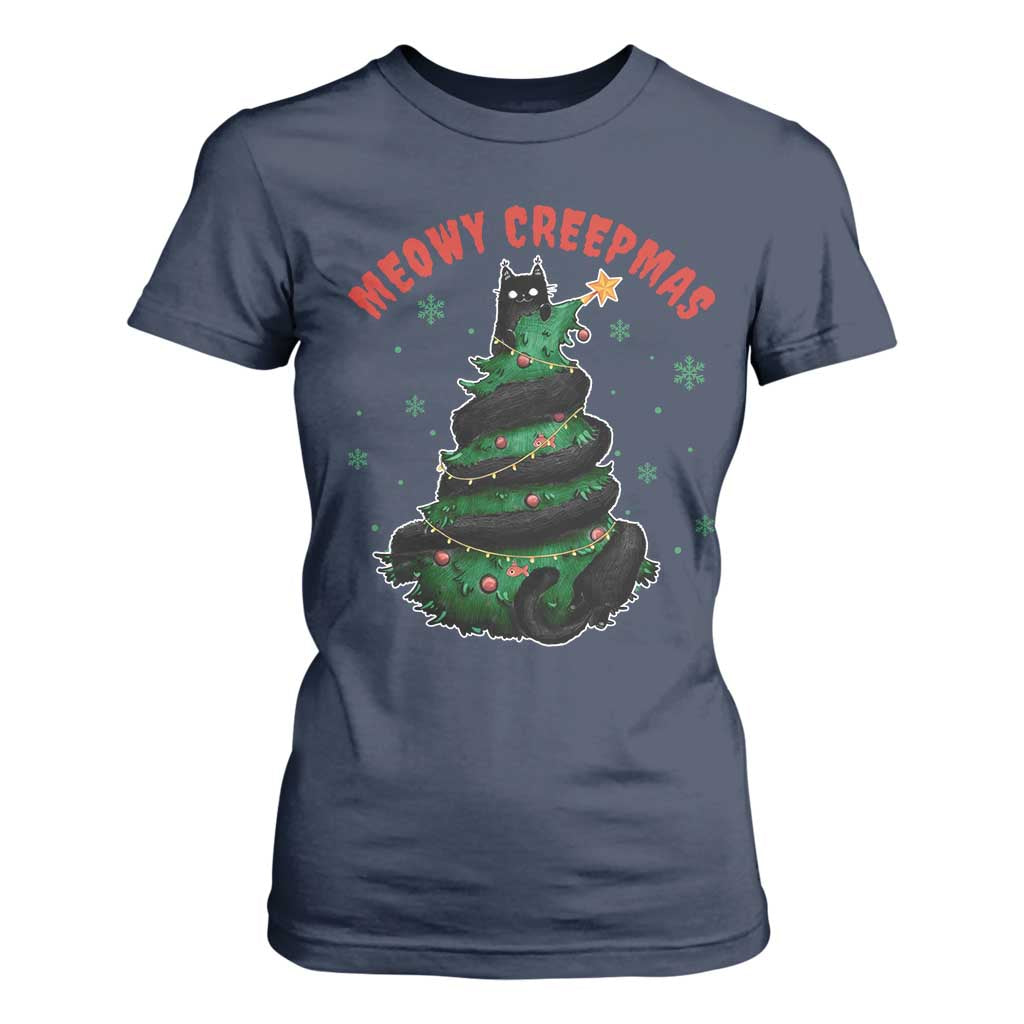 Gothic Xmas T Shirt For Women Meowy Creepmas Cat Christmas Tree TS09 Navy Print Your Wear