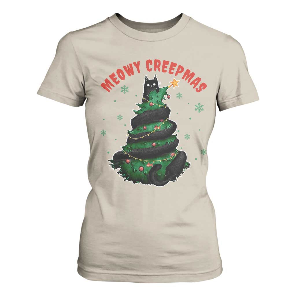 Gothic Xmas T Shirt For Women Meowy Creepmas Cat Christmas Tree TS09 Sand Print Your Wear