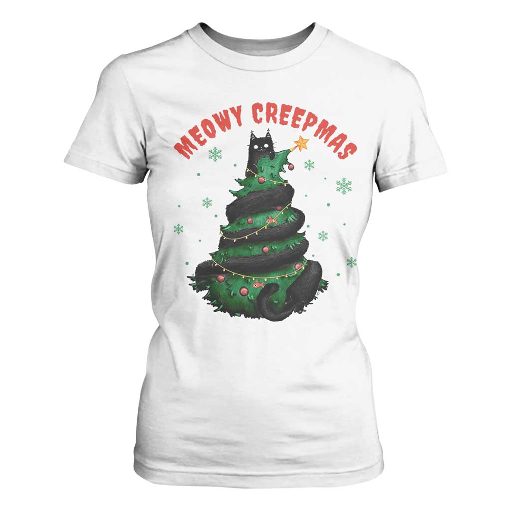 Gothic Xmas T Shirt For Women Meowy Creepmas Cat Christmas Tree TS09 White Print Your Wear