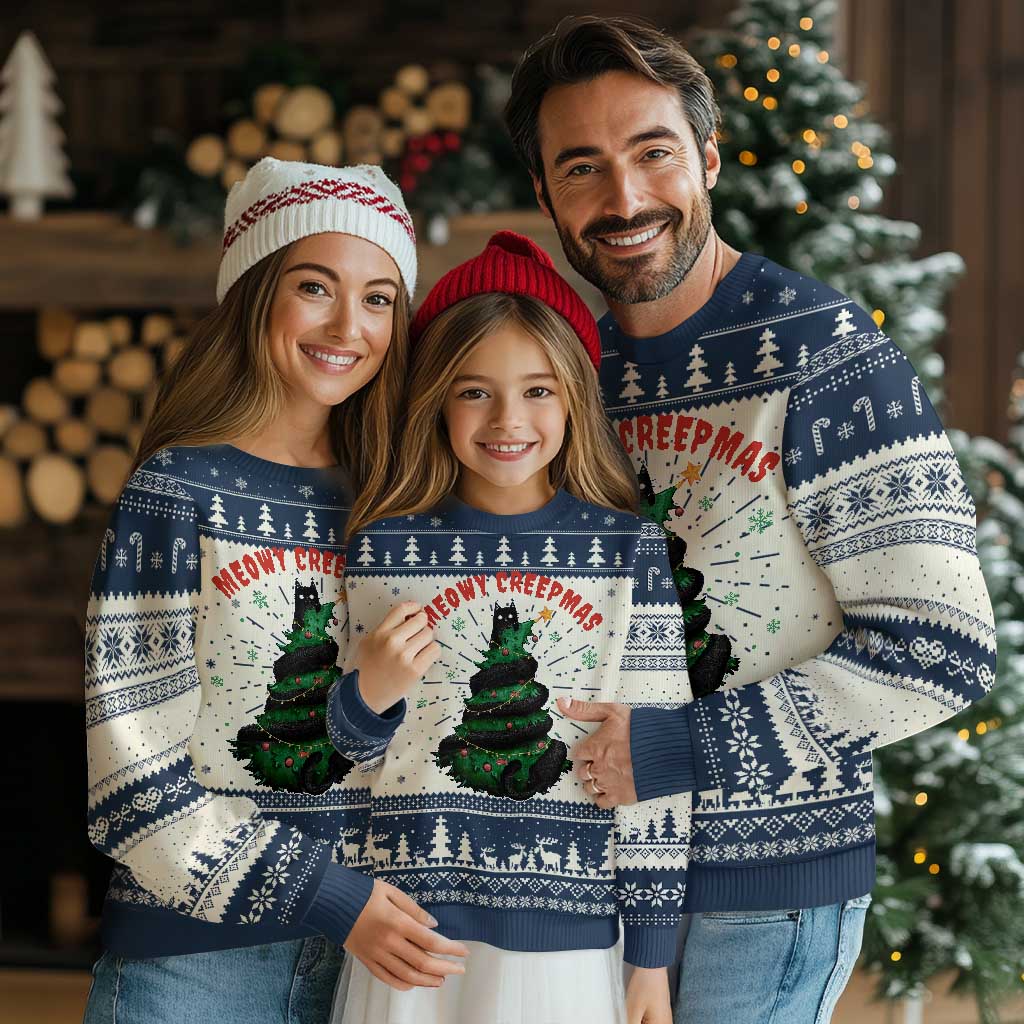 Gothic Xmas Ugly Christmas Sweater Meowy Creepmas Cat Christmas Tree TS09 Navy Print Your Wear