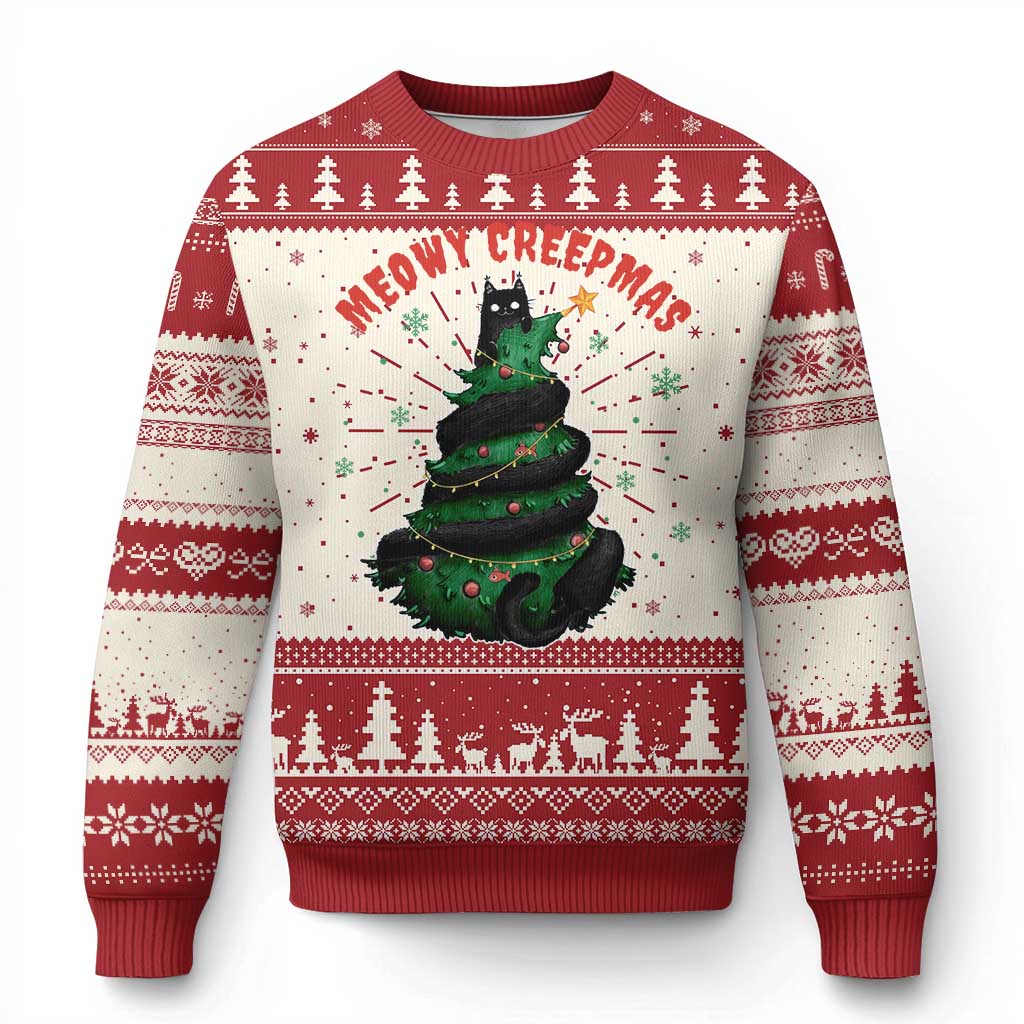 Gothic Xmas Ugly Christmas Sweater Meowy Creepmas Cat Christmas Tree TS09 Red Print Your Wear
