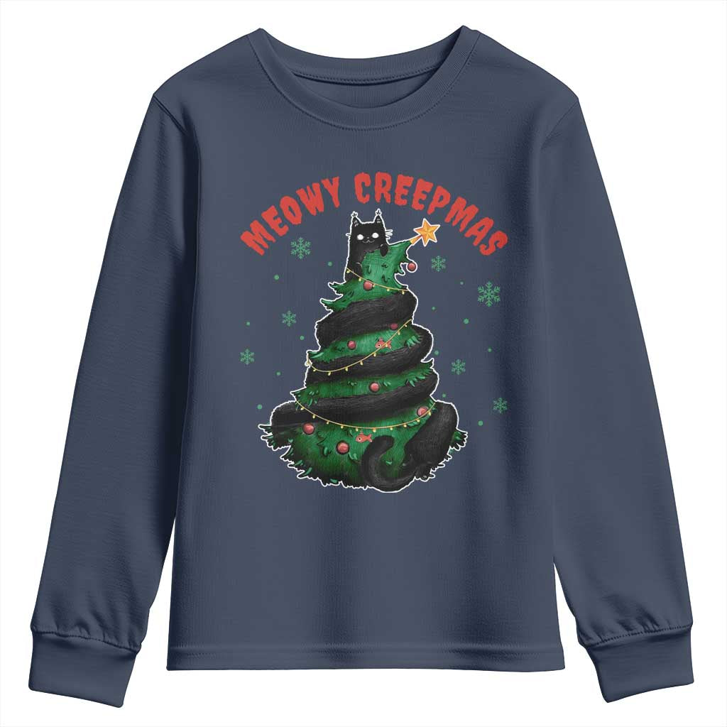 Gothic Xmas Youth Sweatshirt Meowy Creepmas Cat Christmas Tree TS09 Navy Print Your Wear