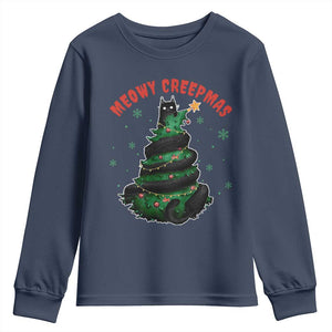 Gothic Xmas Youth Sweatshirt Meowy Creepmas Cat Christmas Tree TS09 Navy Print Your Wear