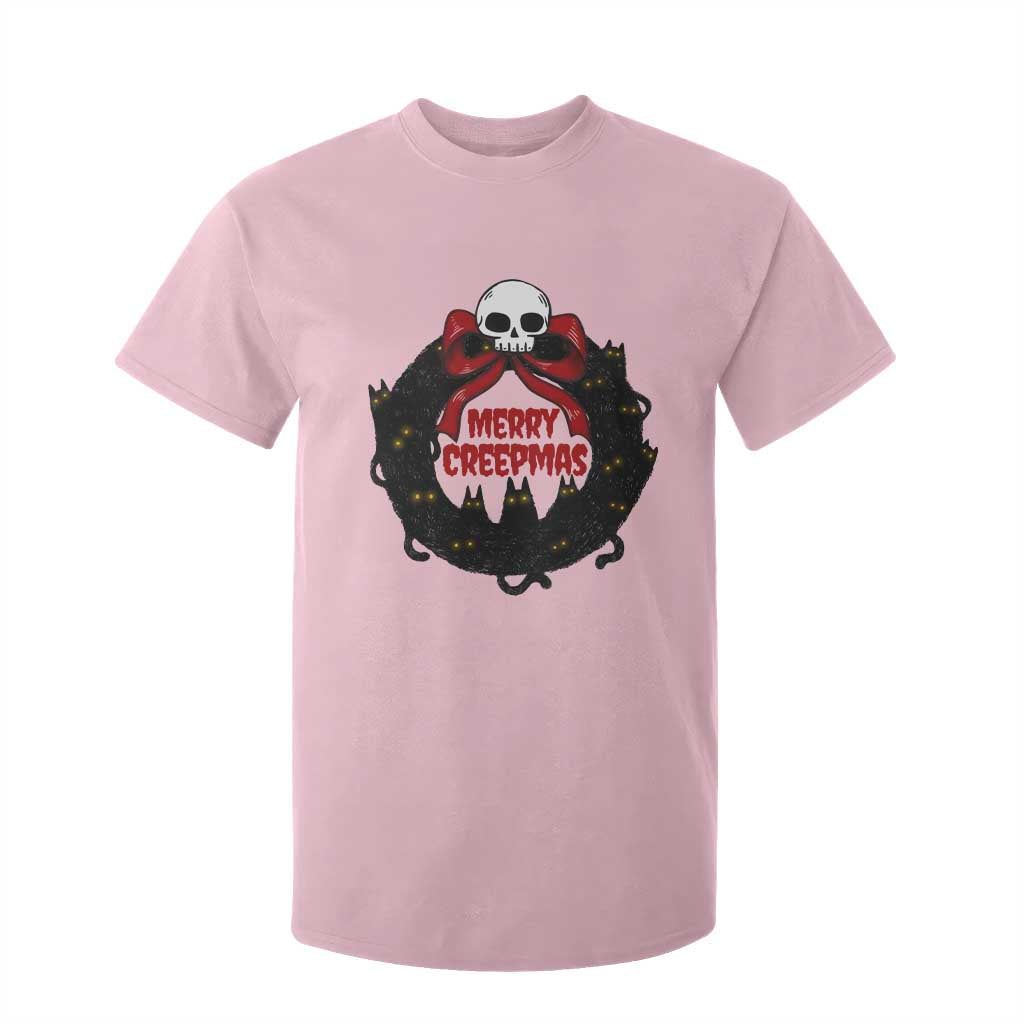 Gothic Christmas T Shirt For Kid Merry Creepmas Cat Wreath TS09 Light Pink Print Your Wear