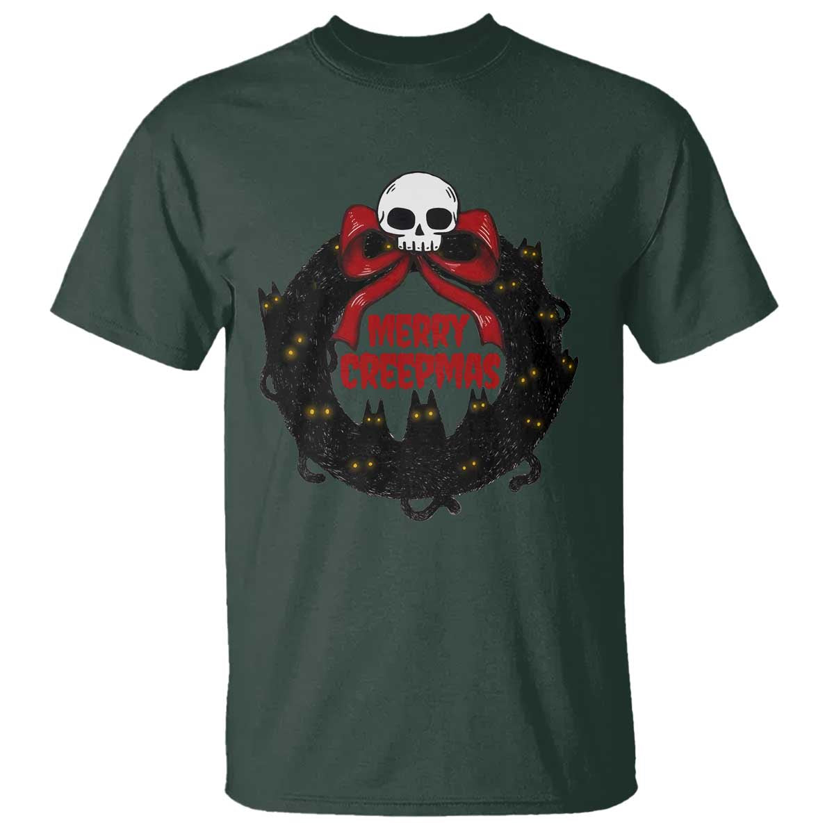 Gothic Christmas T Shirt Merry Creepmas Cat Wreath TS09 Dark Forest Green Print Your Wear