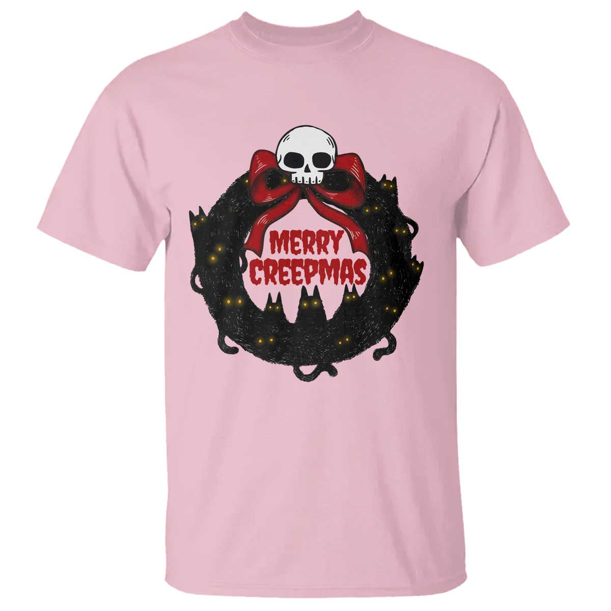 Gothic Christmas T Shirt Merry Creepmas Cat Wreath TS09 Light Pink Print Your Wear