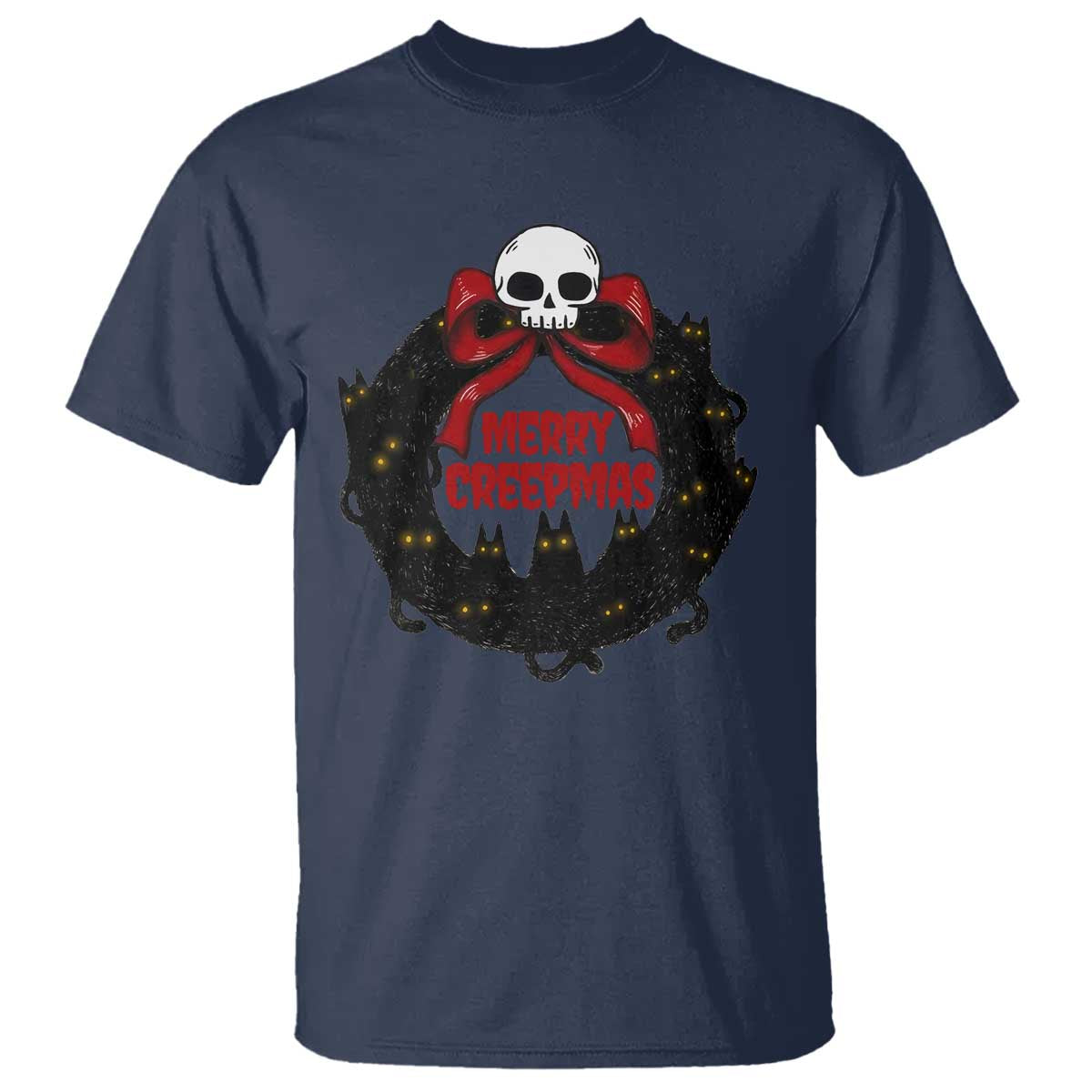 Gothic Christmas T Shirt Merry Creepmas Cat Wreath TS09 Navy Print Your Wear