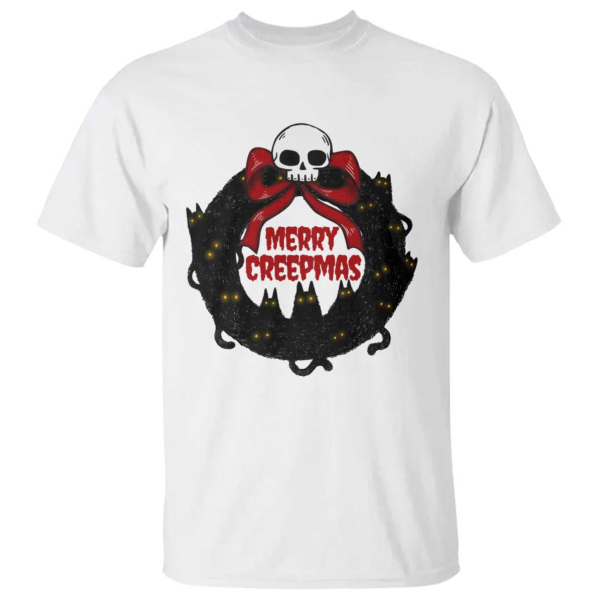 Gothic Christmas T Shirt Merry Creepmas Cat Wreath TS09 White Print Your Wear