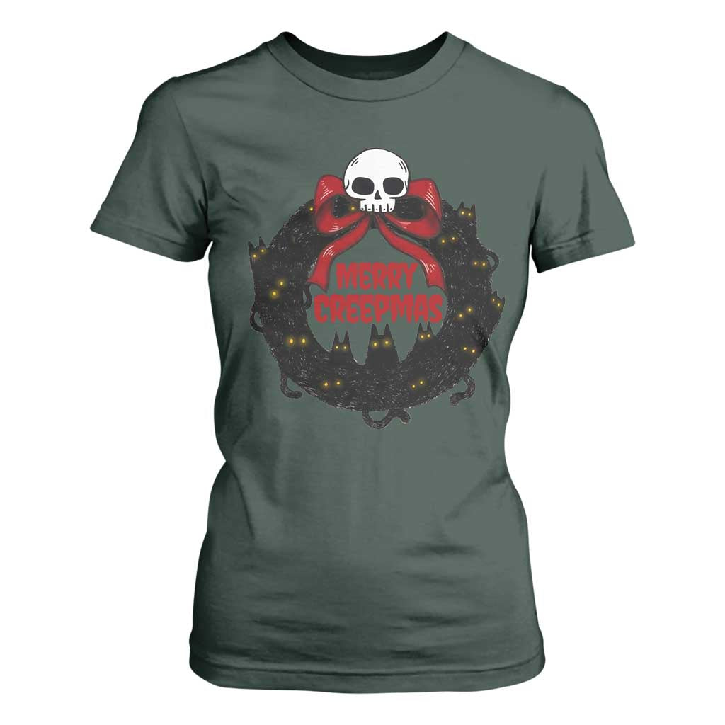 Gothic Christmas T Shirt For Women Merry Creepmas Cat Wreath TS09 Dark Forest Green Print Your Wear
