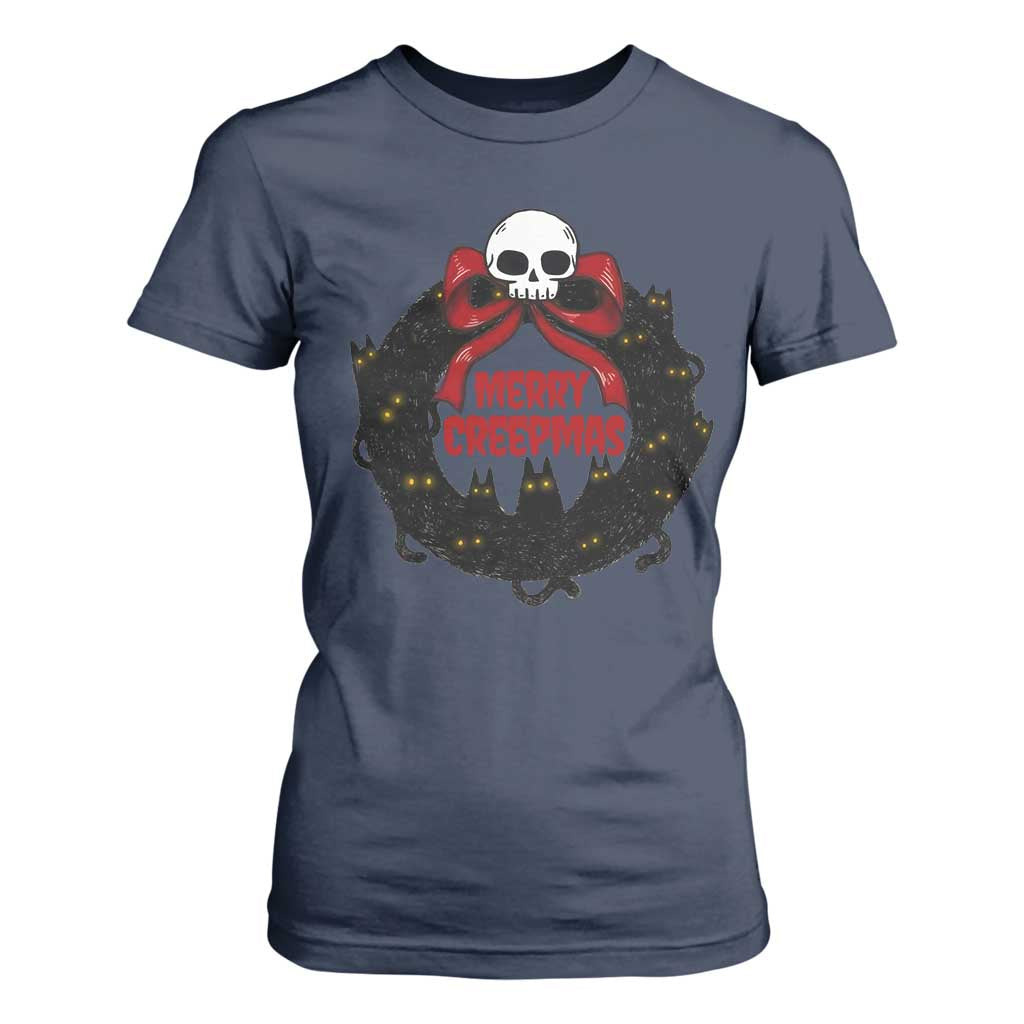Gothic Christmas T Shirt For Women Merry Creepmas Cat Wreath TS09 Navy Print Your Wear