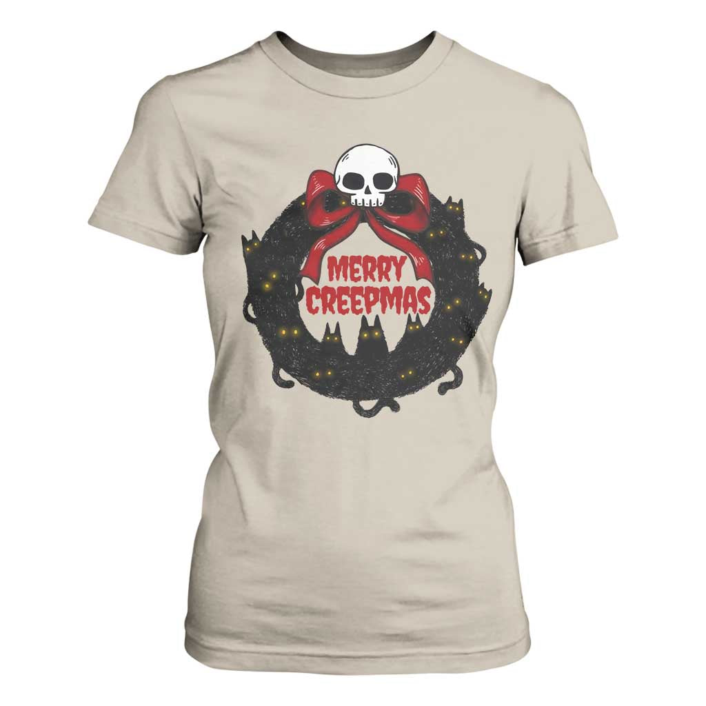 Gothic Christmas T Shirt For Women Merry Creepmas Cat Wreath TS09 Sand Print Your Wear