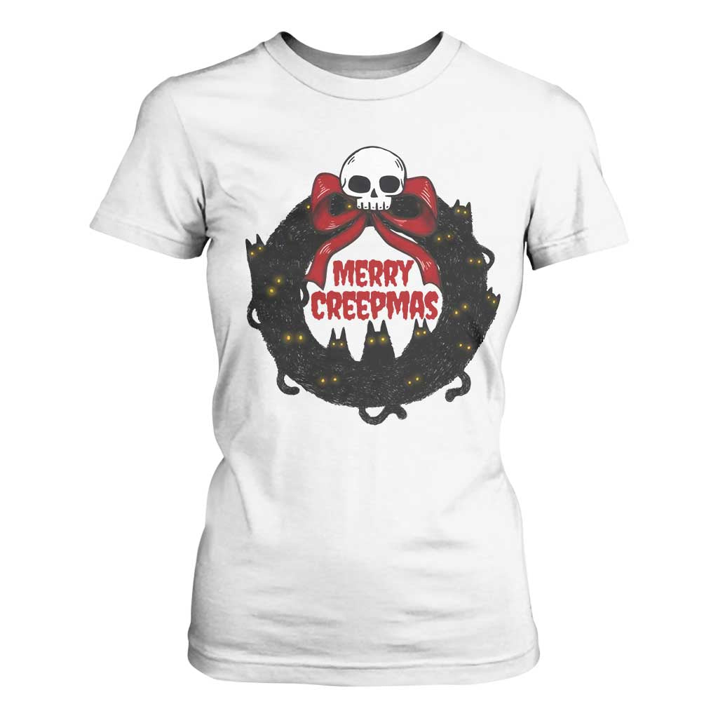 Gothic Christmas T Shirt For Women Merry Creepmas Cat Wreath TS09 White Print Your Wear