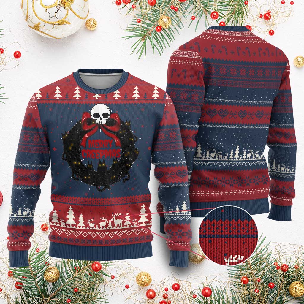 Gothic Xmas Ugly Christmas Sweater Merry Creepmas Cat Wreath TS09 Burgundy Print Your Wear