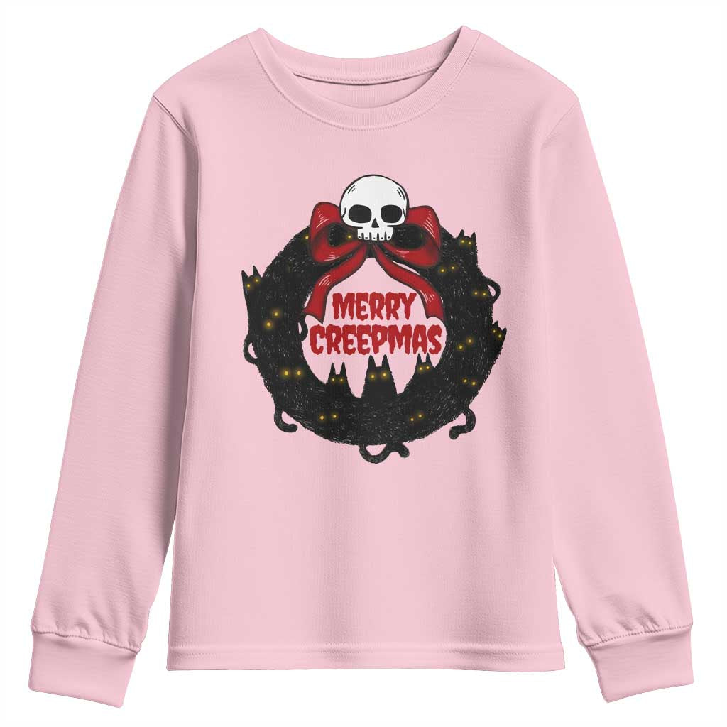 Gothic Christmas Youth Sweatshirt Merry Creepmas Cat Wreath TS09 Light Pink Print Your Wear